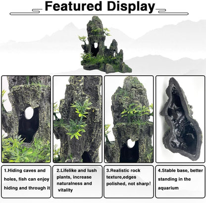 Aquarium Mountain View Stone Ornament Tree Rock Cave Aquarium Decorations Large and Tall Extra Large Aquarium Decorations for Fish Tank Decorations for Fish Tank - 14 Inches High