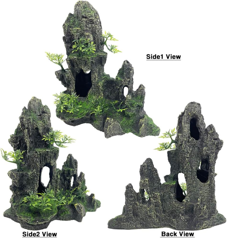Aquarium Mountain View Stone Ornament Tree Rock Cave Aquarium Decorations Large and Tall Extra Large Aquarium Decorations for Fish Tank Decorations for Fish Tank - 14 Inches High