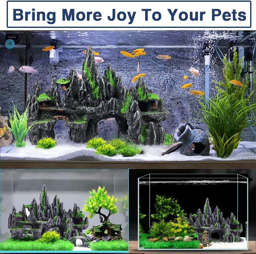 Aquarium Mountain View Stone Ornament Tree Rock Cave Aquarium Decorations Large and Tall Extra Large Aquarium Decorations for Fish Tank Decorations for Fish Tank - 14 Inches High