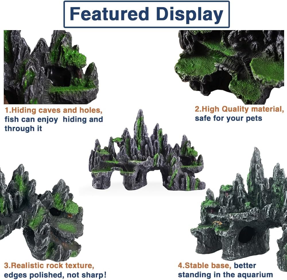 Aquarium Mountain View Stone Ornament Tree Rock Cave Aquarium Decorations Large and Tall Extra Large Aquarium Decorations for Fish Tank Decorations for Fish Tank - 14 Inches High