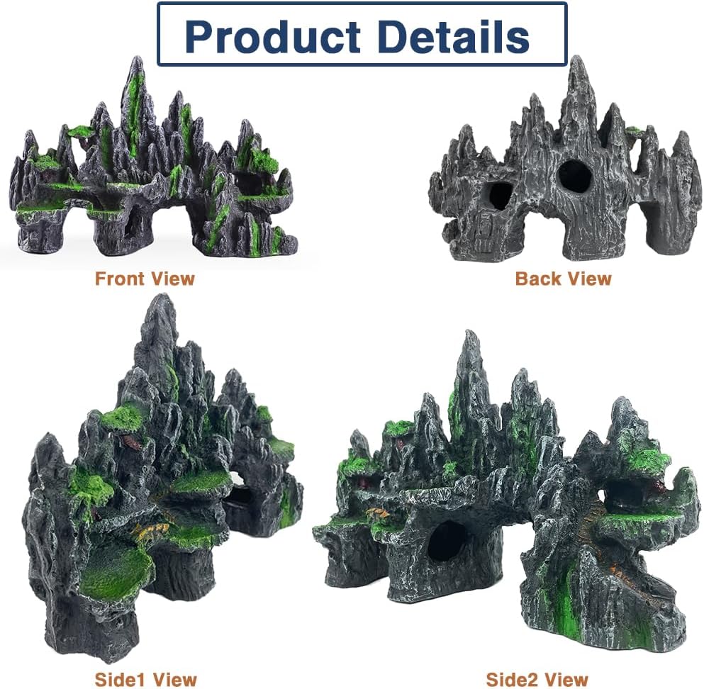 Aquarium Mountain View Stone Ornament Tree Rock Cave Aquarium Decorations Large and Tall Extra Large Aquarium Decorations for Fish Tank Decorations for Fish Tank - 14 Inches High
