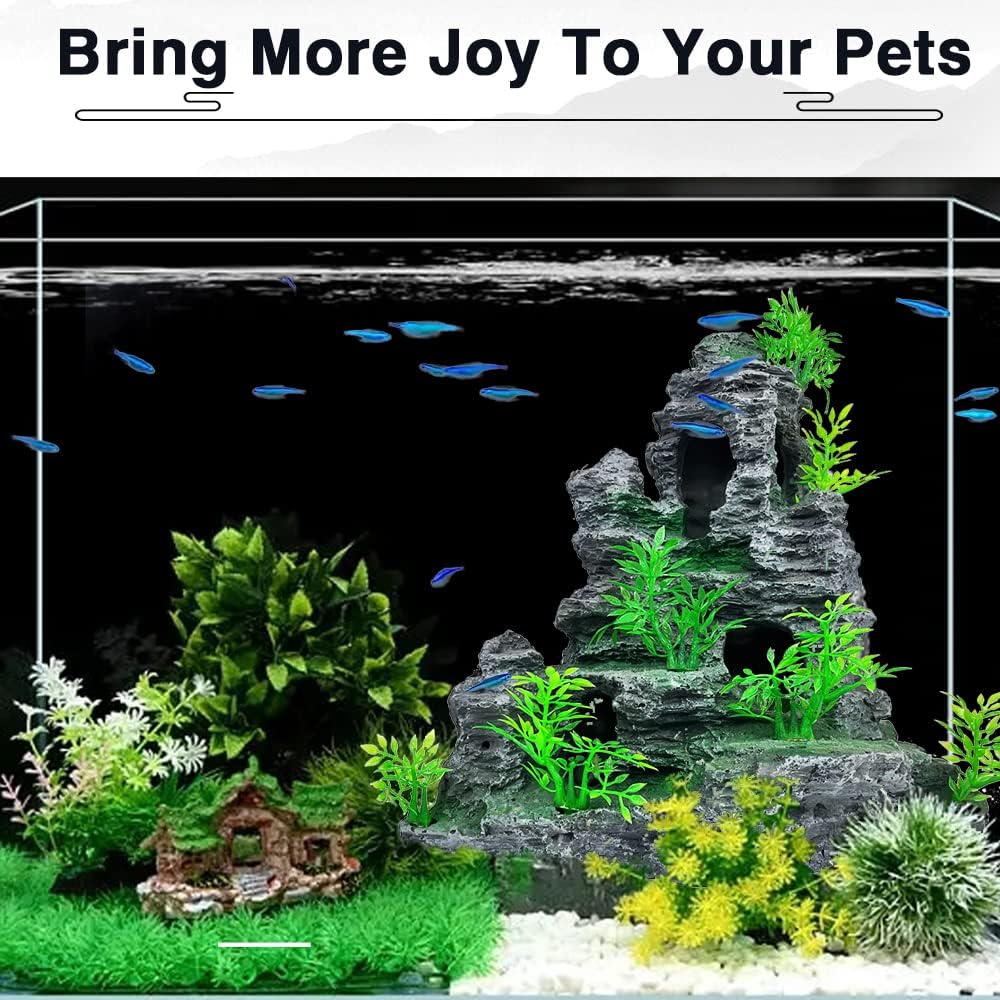 Aquarium Mountain View Stone Ornament Tree Rock Cave Aquarium Decorations Large and Tall Extra Large Aquarium Decorations for Fish Tank Decorations for Fish Tank - 14 Inches High