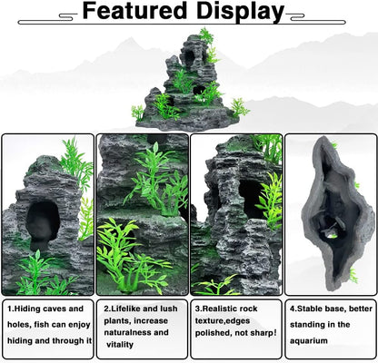 Aquarium Mountain View Stone Ornament Tree Rock Cave Aquarium Decorations Large and Tall Extra Large Aquarium Decorations for Fish Tank Decorations for Fish Tank - 14 Inches High