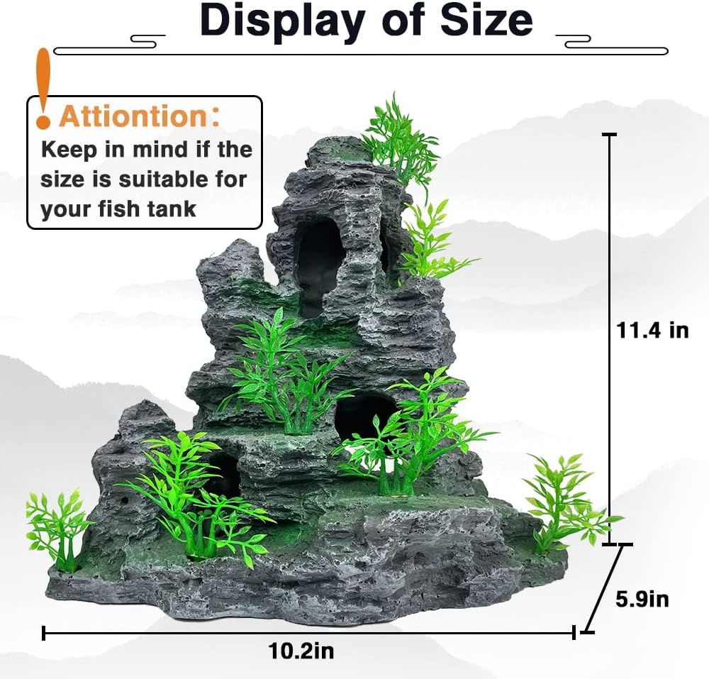 Aquarium Mountain View Stone Ornament Tree Rock Cave Aquarium Decorations Large and Tall Extra Large Aquarium Decorations for Fish Tank Decorations for Fish Tank - 14 Inches High