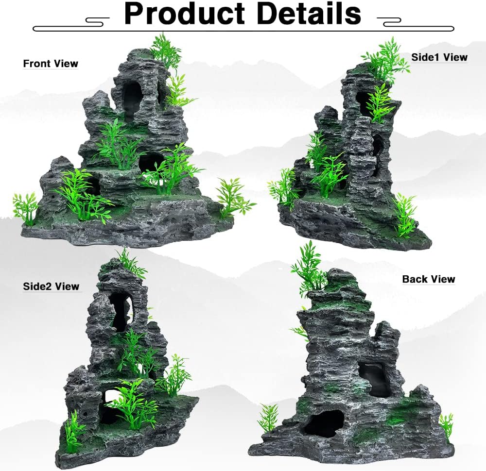 Aquarium Mountain View Stone Ornament Tree Rock Cave Aquarium Decorations Large and Tall Extra Large Aquarium Decorations for Fish Tank Decorations for Fish Tank - 14 Inches High