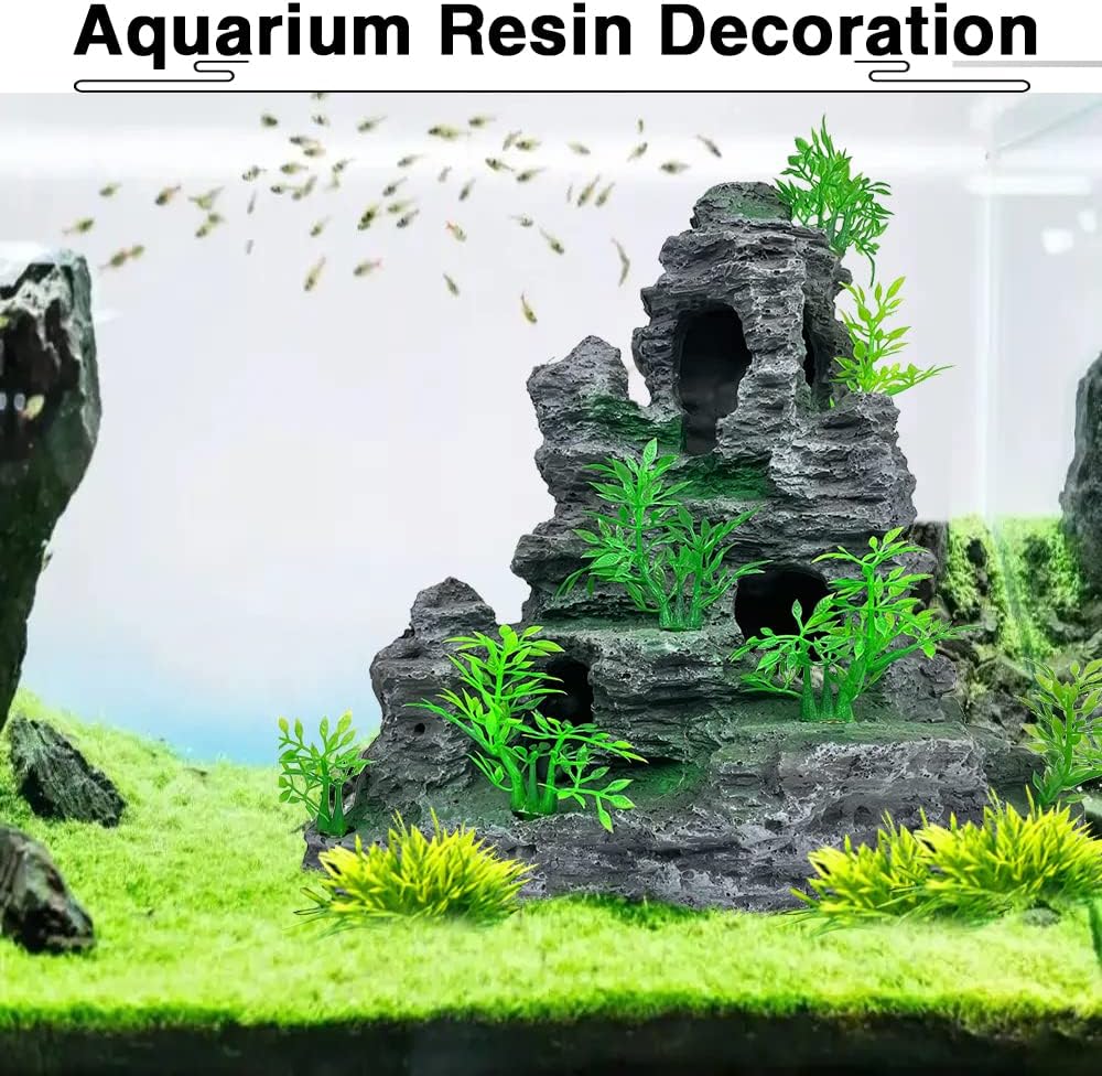 Aquarium Mountain View Stone Ornament Tree Rock Cave Aquarium Decorations Large and Tall Extra Large Aquarium Decorations for Fish Tank Decorations for Fish Tank - 14 Inches High