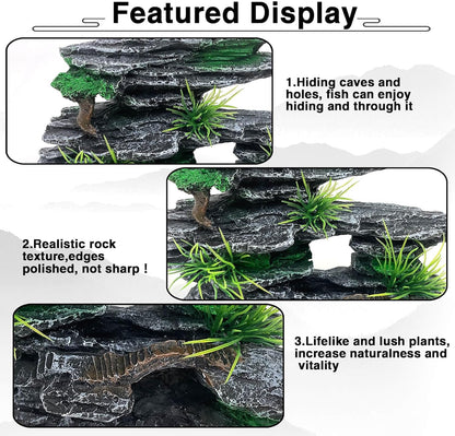 Aquarium Mountain View Stone Ornament Tree Rock Cave Aquarium Decorations Large and Tall Extra Large Aquarium Decorations for Fish Tank Decorations for Fish Tank - 14 Inches High
