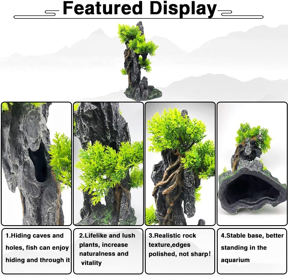 Aquarium Mountain View Stone Ornament Tree Rock Cave Aquarium Decorations Large and Tall Extra Large Aquarium Decorations for Fish Tank Decorations for Fish Tank - 14 Inches High