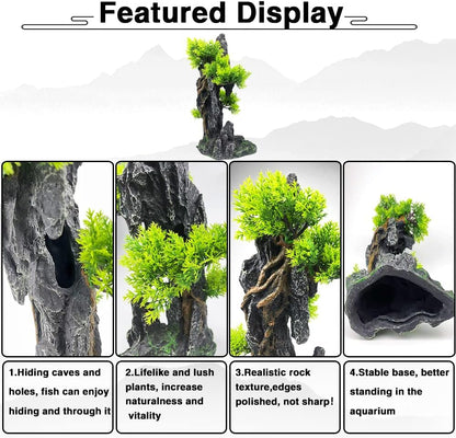 Aquarium Mountain View Stone Ornament Tree Rock Cave Aquarium Decorations Large and Tall Extra Large Aquarium Decorations for Fish Tank Decorations for Fish Tank - 14 Inches High