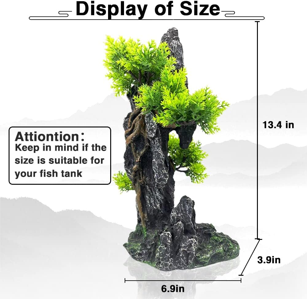 Aquarium Mountain View Stone Ornament Tree Rock Cave Aquarium Decorations Large and Tall Extra Large Aquarium Decorations for Fish Tank Decorations for Fish Tank - 14 Inches High