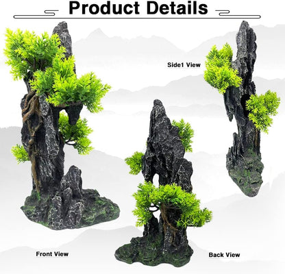 Aquarium Mountain View Stone Ornament Tree Rock Cave Aquarium Decorations Large and Tall Extra Large Aquarium Decorations for Fish Tank Decorations for Fish Tank - 14 Inches High