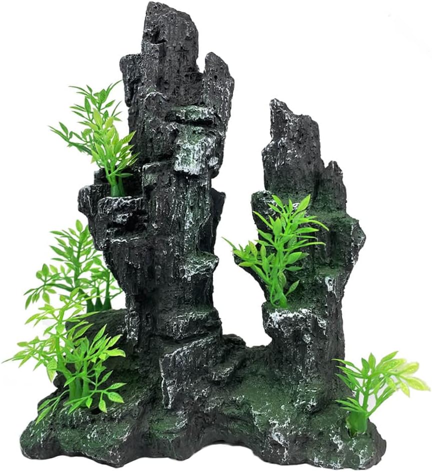 Aquarium Mountain View Stone Ornament Tree Rock Cave Aquarium Decorations Large and Tall Extra Large Aquarium Decorations for Fish Tank Decorations for Fish Tank - 14 Inches High