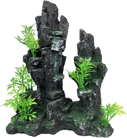 Aquarium Mountain View Stone Ornament Tree Rock Cave Aquarium Decorations Large and Tall Extra Large Aquarium Decorations for Fish Tank Decorations for Fish Tank - 14 Inches High