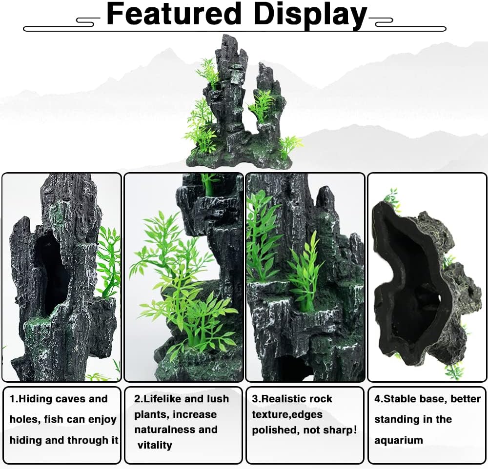 Aquarium Mountain View Stone Ornament Tree Rock Cave Aquarium Decorations Large and Tall Extra Large Aquarium Decorations for Fish Tank Decorations for Fish Tank - 14 Inches High