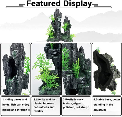 Aquarium Mountain View Stone Ornament Tree Rock Cave Aquarium Decorations Large and Tall Extra Large Aquarium Decorations for Fish Tank Decorations for Fish Tank - 14 Inches High