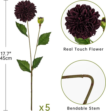 Purple-Pink Dahlia Artificial Flowers 5Pcs Fake Dahlia Flowers for Decoration Silk Flower with Long Stem 17" Floral Arrangements Bouquets Indoors Outdoors Faux Dahlias Centerpieces Home Decor
