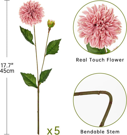 Purple-Pink Dahlia Artificial Flowers 5Pcs Fake Dahlia Flowers for Decoration Silk Flower with Long Stem 17" Floral Arrangements Bouquets Indoors Outdoors Faux Dahlias Centerpieces Home Decor