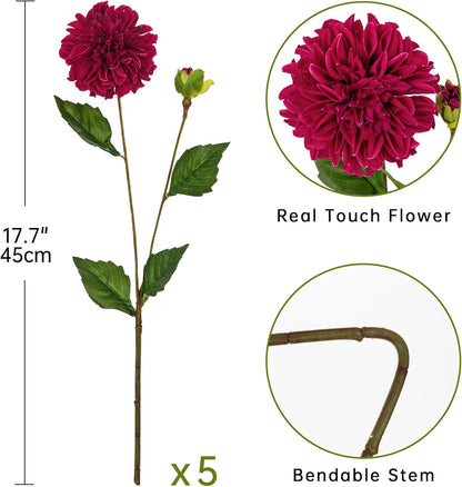 Purple-Pink Dahlia Artificial Flowers 5Pcs Fake Dahlia Flowers for Decoration Silk Flower with Long Stem 17" Floral Arrangements Bouquets Indoors Outdoors Faux Dahlias Centerpieces Home Decor