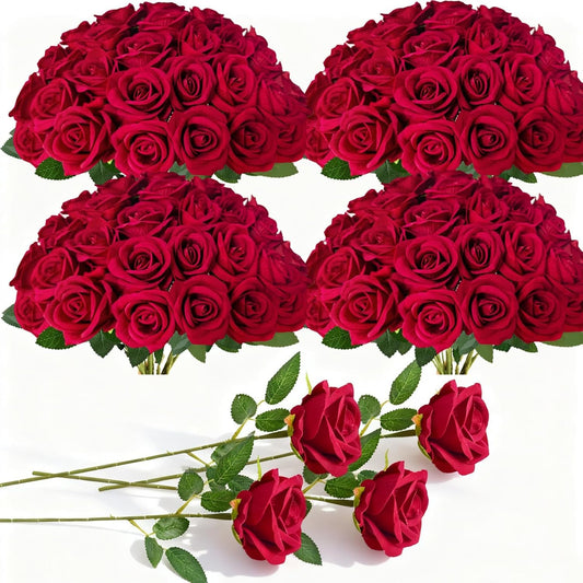 100 Pcs Red Fake Roses Bulk Artificial Flowers, Artificial Velvet Silk Roses Bouquet with Stems for Wedding Decoration, Fake Flowers in Vase Valentines Day Floral Arrangement Centerpiece Home Decor