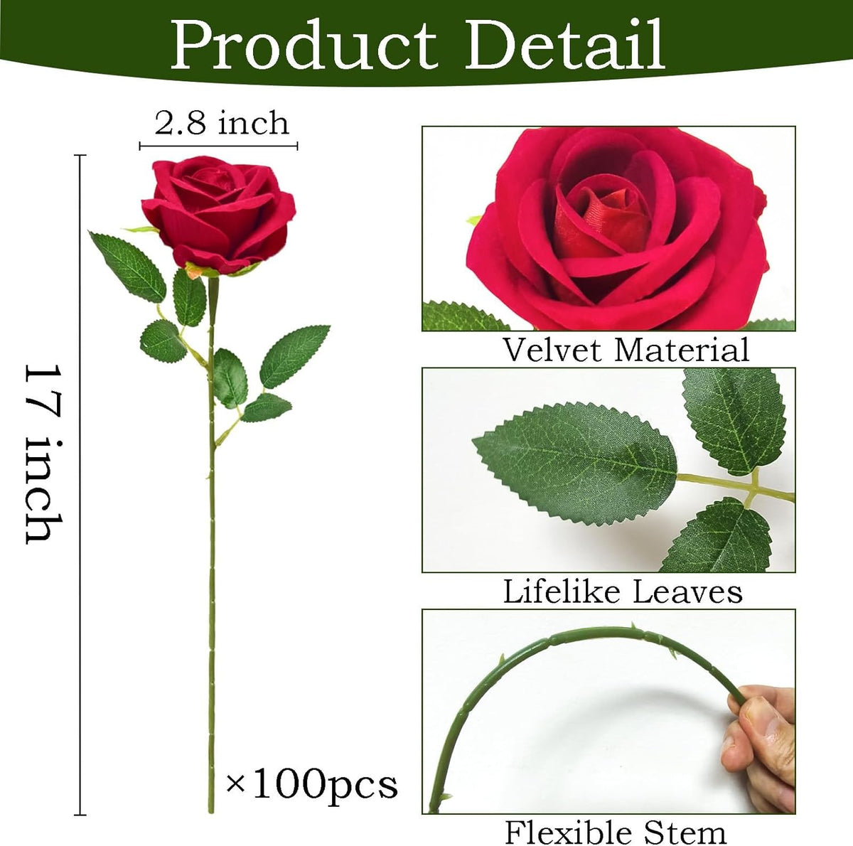 100 Pcs Red Fake Roses Bulk Artificial Flowers, Artificial Velvet Silk Roses Bouquet with Stems for Wedding Decoration, Fake Flowers in Vase Valentines Day Floral Arrangement Centerpiece Home Decor