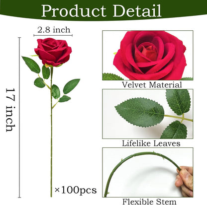 100 Pcs Red Fake Roses Bulk Artificial Flowers, Artificial Velvet Silk Roses Bouquet with Stems for Wedding Decoration, Fake Flowers in Vase Valentines Day Floral Arrangement Centerpiece Home Decor