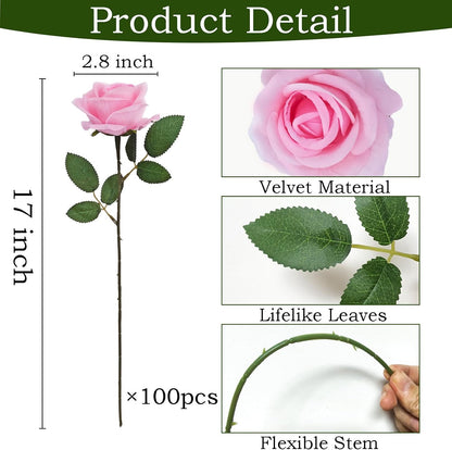 100 Pcs Red Fake Roses Bulk Artificial Flowers, Artificial Velvet Silk Roses Bouquet with Stems for Wedding Decoration, Fake Flowers in Vase Valentines Day Floral Arrangement Centerpiece Home Decor
