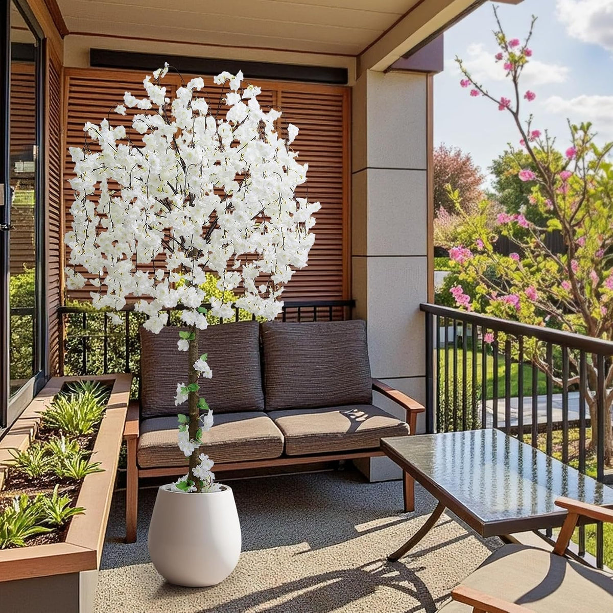 Artificial Cherry Blossom Tree, 6FT Height with 100 LED Lights, Faux Silk Plant in Pot for Home, Office, Wedding, Garden, Party, and Hotel Decorations (White, 6FT)