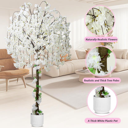 Artificial Cherry Blossom Tree, 6FT Height with 100 LED Lights, Faux Silk Plant in Pot for Home, Office, Wedding, Garden, Party, and Hotel Decorations (White, 6FT)