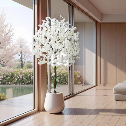 Artificial Cherry Blossom Tree, 6FT Height with 100 LED Lights, Faux Silk Plant in Pot for Home, Office, Wedding, Garden, Party, and Hotel Decorations (White, 6FT)