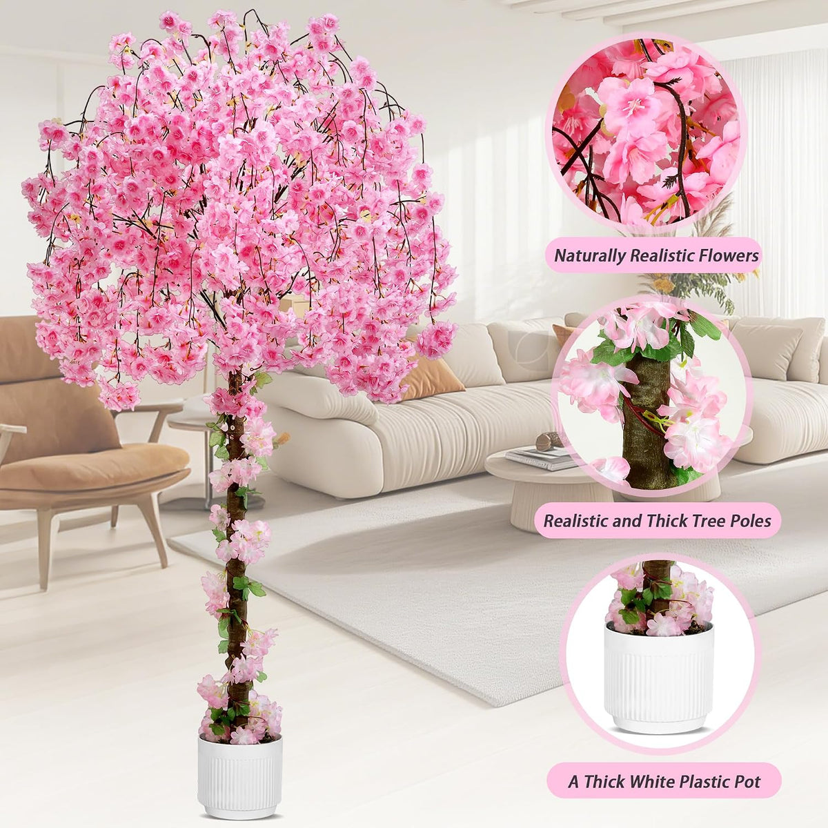 Artificial Cherry Blossom Tree, 6FT Height with 100 LED Lights, Faux Silk Plant in Pot for Home, Office, Wedding, Garden, Party, and Hotel Decorations (White, 6FT)