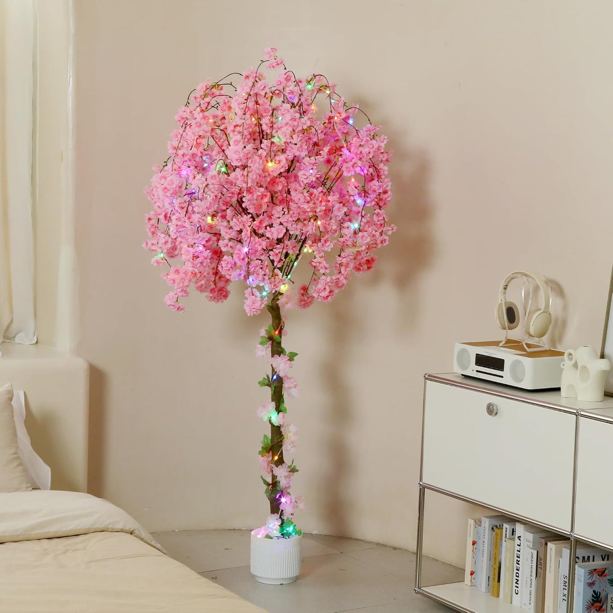 Artificial Cherry Blossom Tree, 6FT Height with 100 LED Lights, Faux Silk Plant in Pot for Home, Office, Wedding, Garden, Party, and Hotel Decorations (White, 6FT)