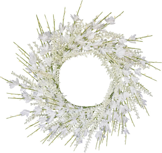 24 Inch White Forsythia and Lavender Wreath Silk Floral Arrangement Wedding Decor Front Door All Season Home Decorations Cream Wreaths for Indoor Outdoor