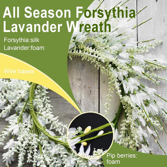 24 Inch White Forsythia and Lavender Wreath Silk Floral Arrangement Wedding Decor Front Door All Season Home Decorations Cream Wreaths for Indoor Outdoor