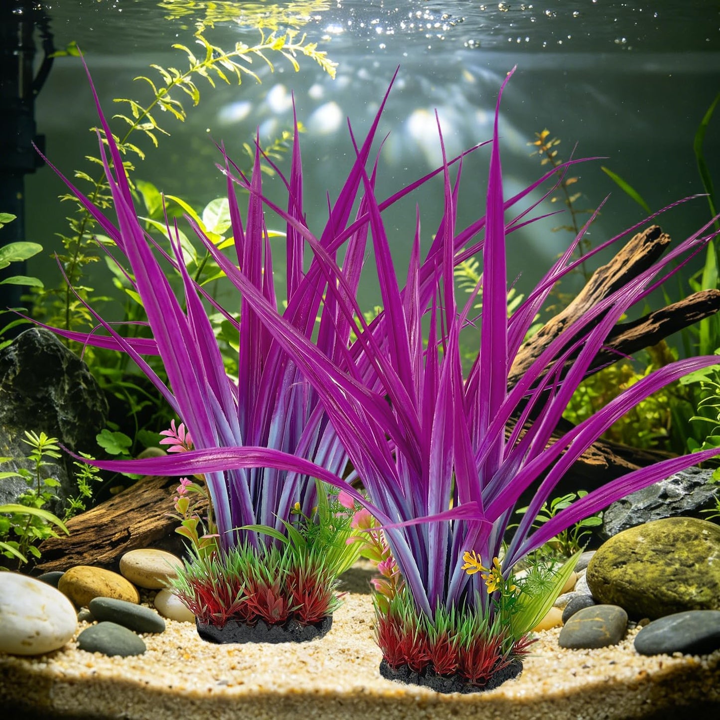Aquarium Plants Plastic, 2-Pack, 14.2-inch-Tall Artificial Aquarium Plants, Decorations for Medium to Large Aquariums, Safe for All Fish (Green)