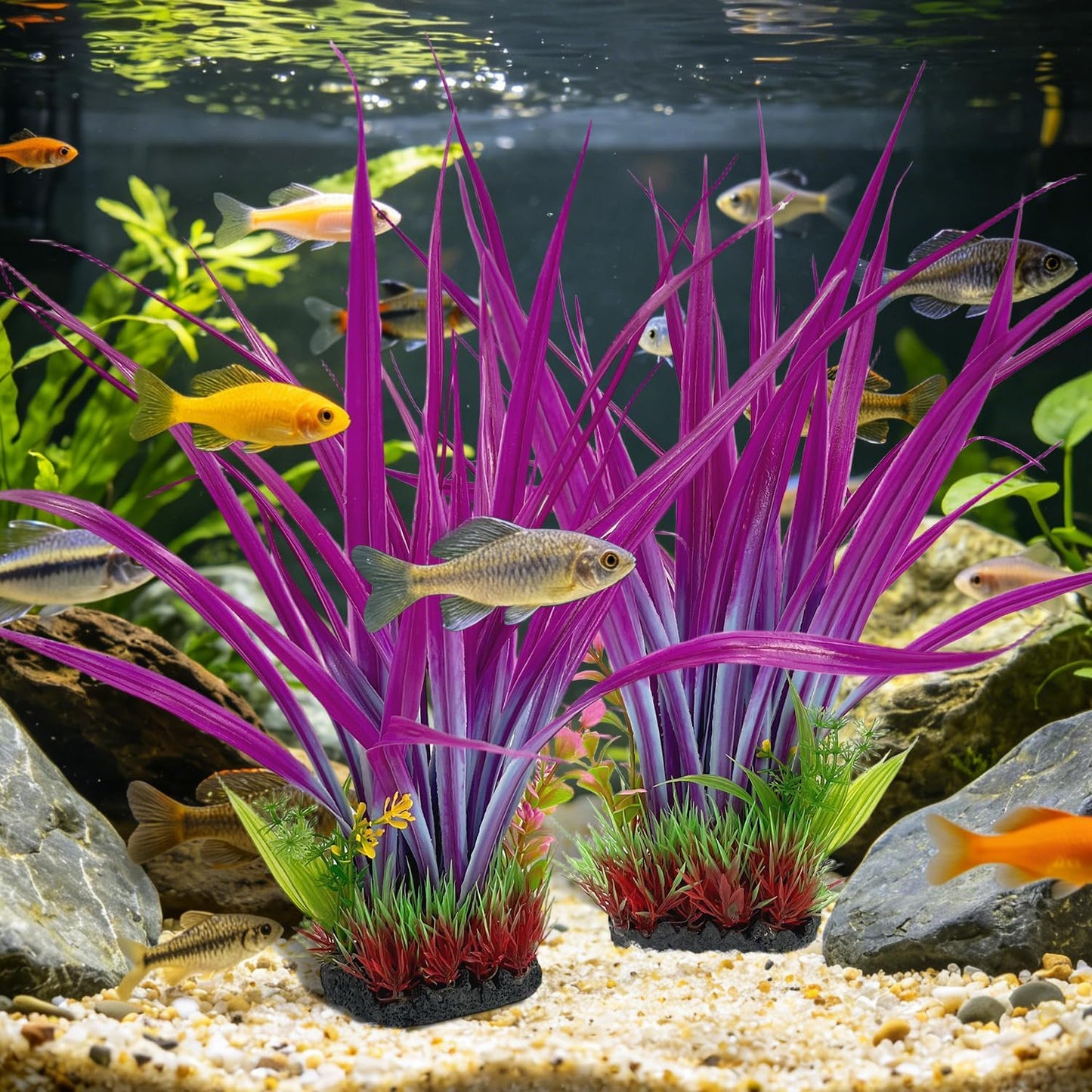 Aquarium Plants Plastic, 2-Pack, 14.2-inch-Tall Artificial Aquarium Plants, Decorations for Medium to Large Aquariums, Safe for All Fish (Green)