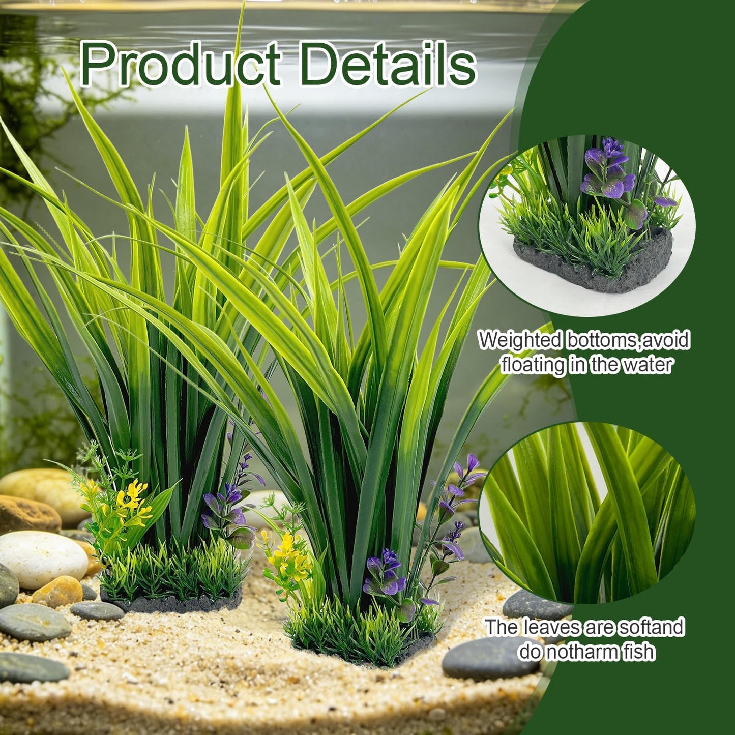 Aquarium Plants Plastic, 2-Pack, 14.2-inch-Tall Artificial Aquarium Plants, Decorations for Medium to Large Aquariums, Safe for All Fish (Green)