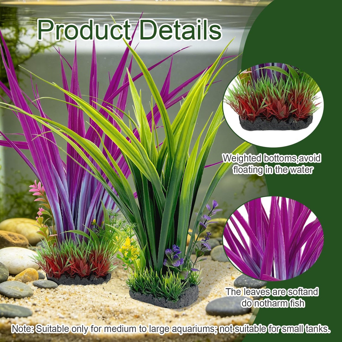 Aquarium Plants Plastic, 2-Pack, 14.2-inch-Tall Artificial Aquarium Plants, Decorations for Medium to Large Aquariums, Safe for All Fish (Green)