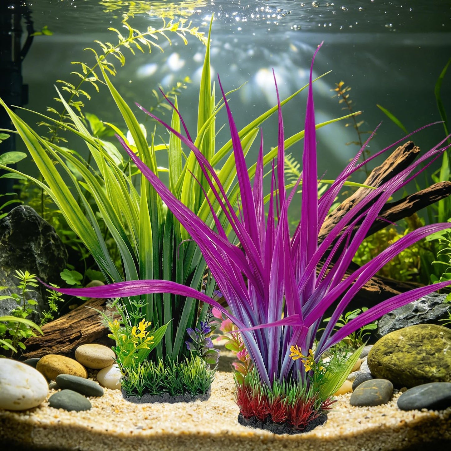 Aquarium Plants Plastic, 2-Pack, 14.2-inch-Tall Artificial Aquarium Plants, Decorations for Medium to Large Aquariums, Safe for All Fish (Green)