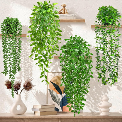 4 Pack Faux Artificial Hanging Plants, UV Resistant Fake Potted Greenery with Eucalyptus Vine, Mandala, Pea Pod Leaves & String of Pearls in Pots for Living Room Bathroom Indoor Outdoor Décor