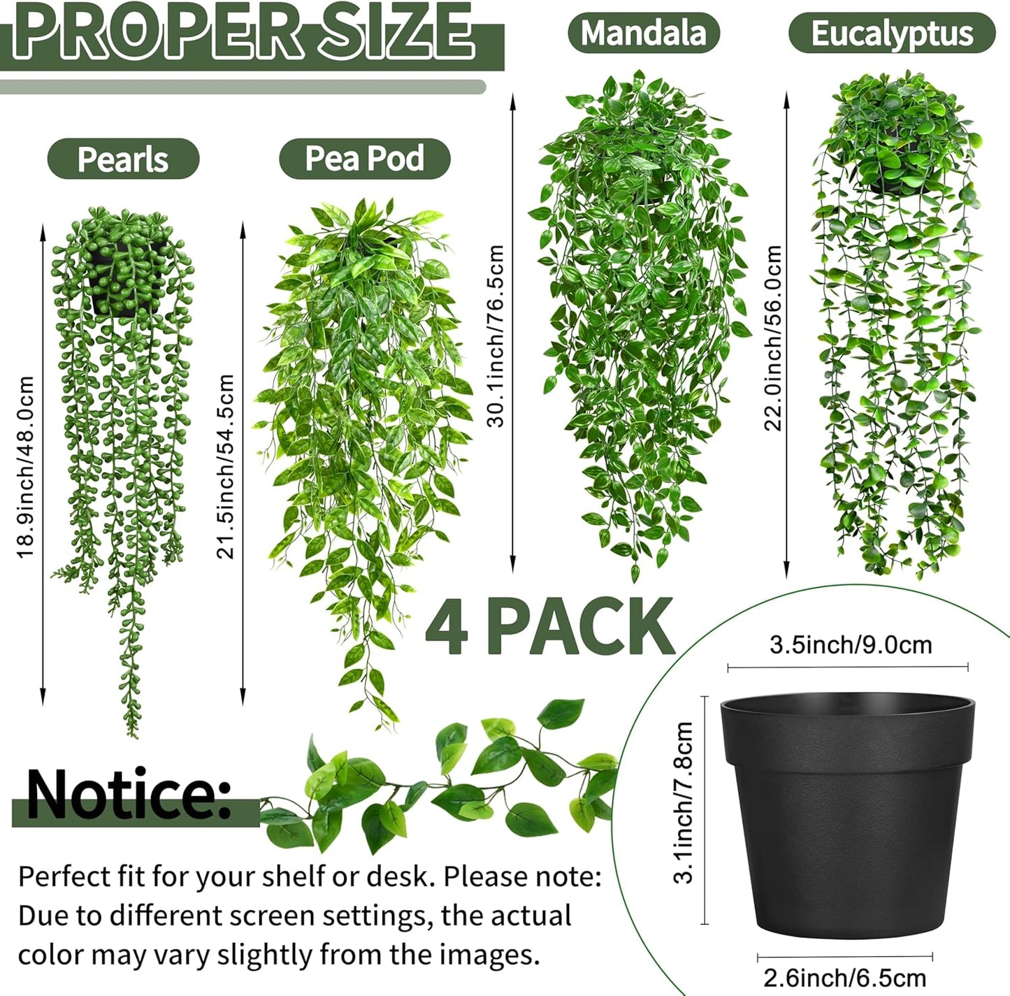 4 Pack Faux Artificial Hanging Plants, UV Resistant Fake Potted Greenery with Eucalyptus Vine, Mandala, Pea Pod Leaves & String of Pearls in Pots for Living Room Bathroom Indoor Outdoor Décor