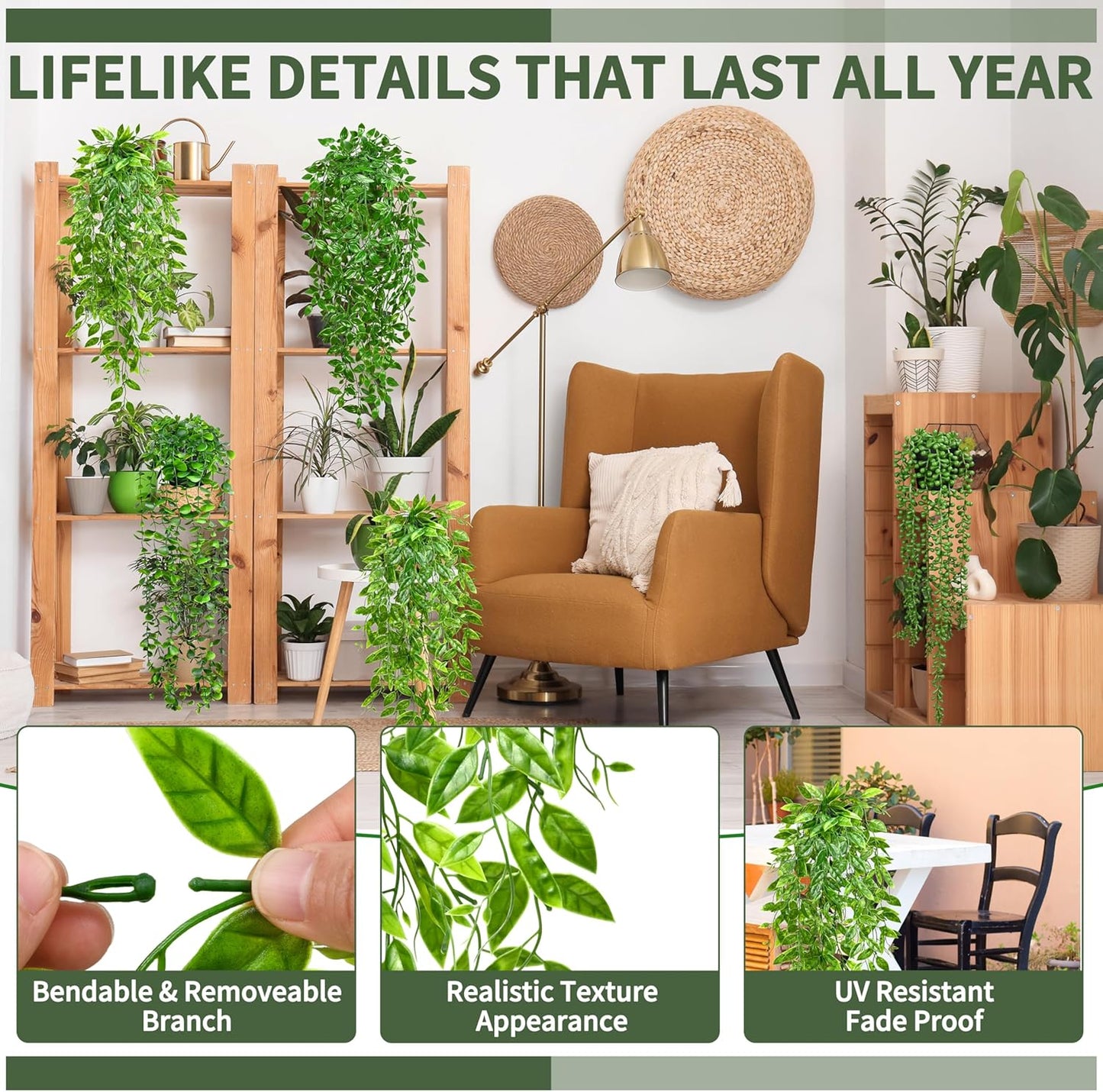 4 Pack Faux Artificial Hanging Plants, UV Resistant Fake Potted Greenery with Eucalyptus Vine, Mandala, Pea Pod Leaves & String of Pearls in Pots for Living Room Bathroom Indoor Outdoor Décor