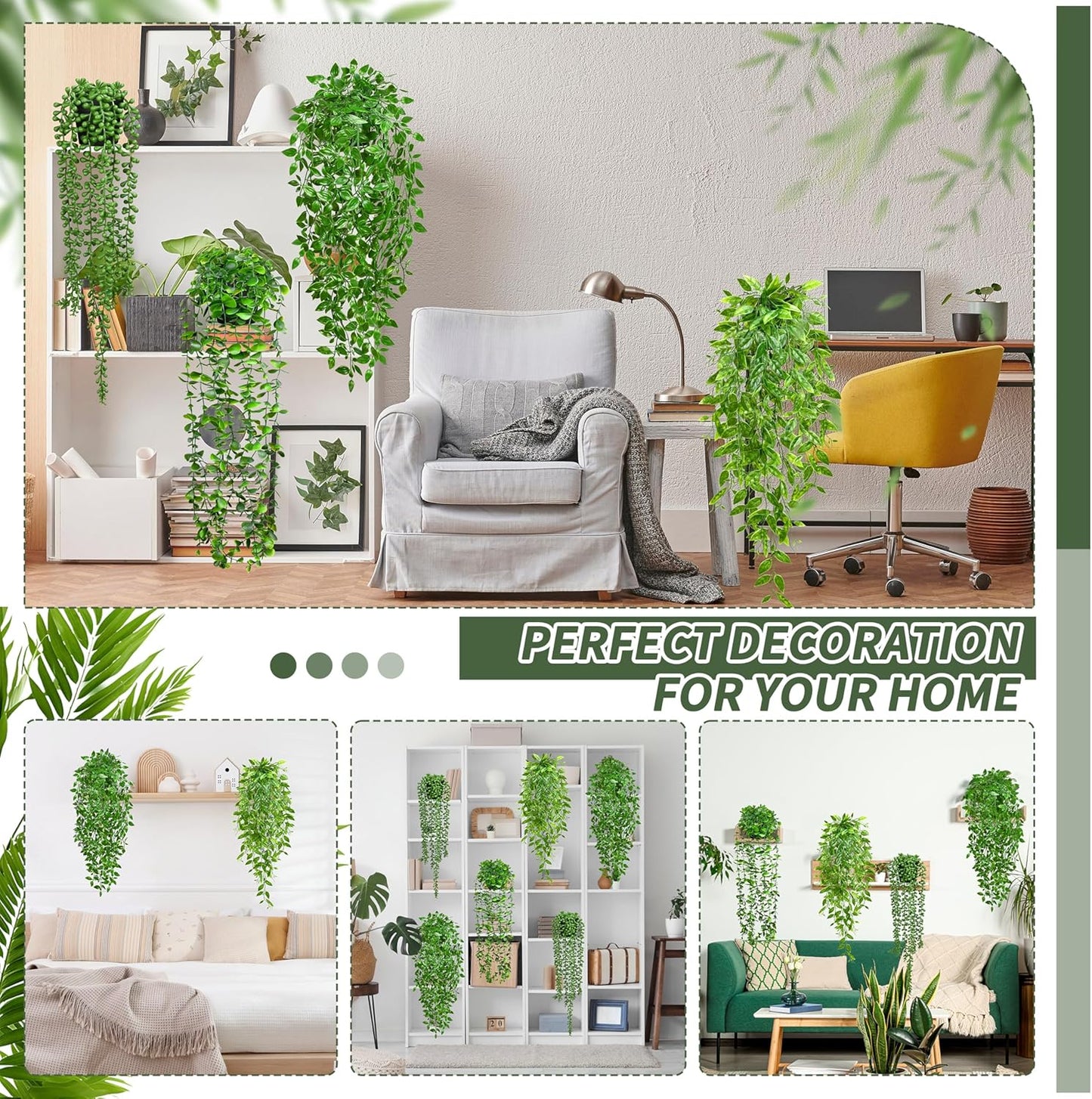 4 Pack Faux Artificial Hanging Plants, UV Resistant Fake Potted Greenery with Eucalyptus Vine, Mandala, Pea Pod Leaves & String of Pearls in Pots for Living Room Bathroom Indoor Outdoor Décor