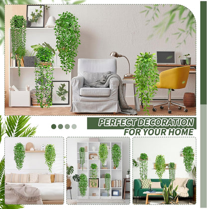 4 Pack Faux Artificial Hanging Plants, UV Resistant Fake Potted Greenery with Eucalyptus Vine, Mandala, Pea Pod Leaves & String of Pearls in Pots for Living Room Bathroom Indoor Outdoor Décor