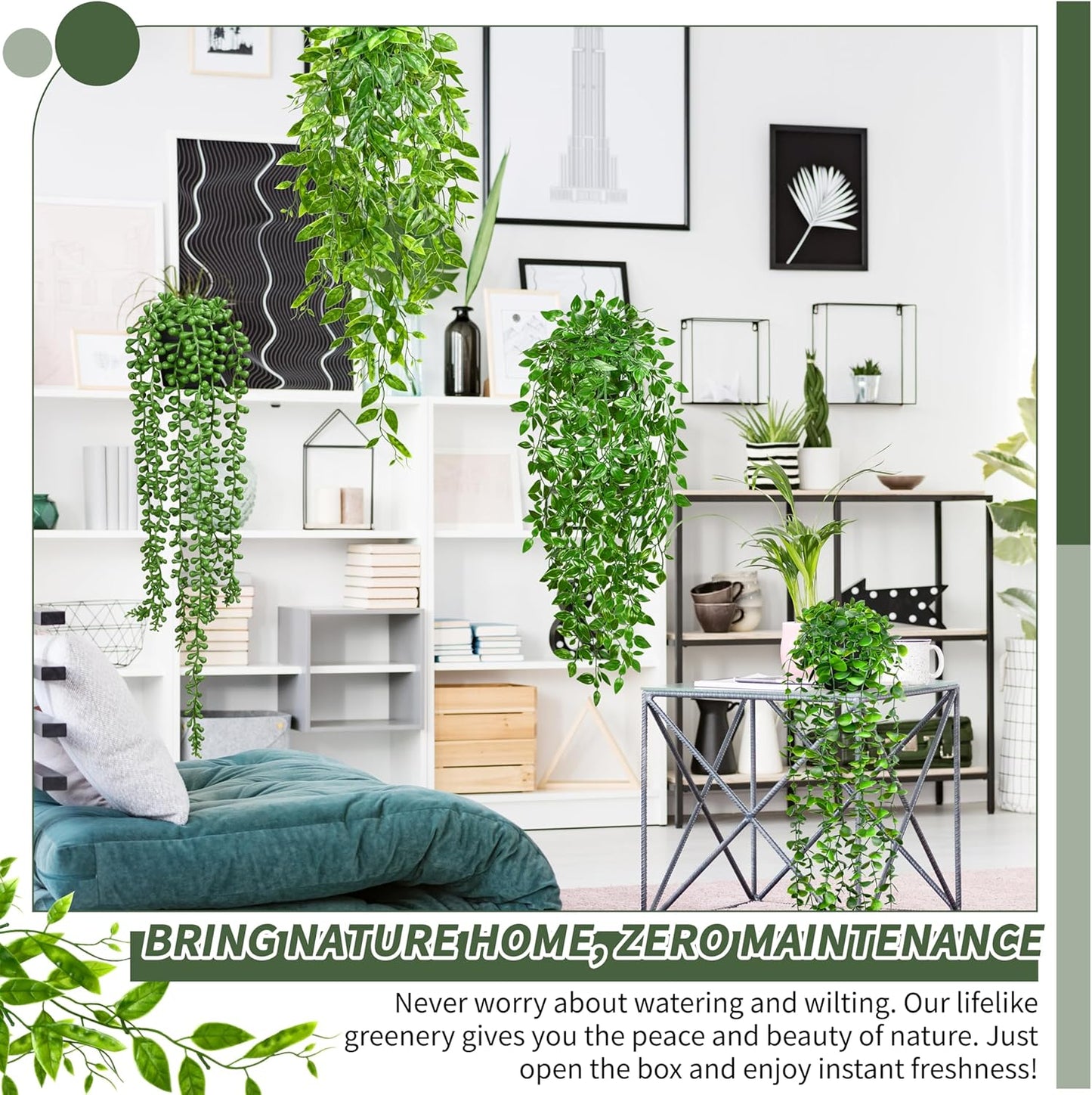 4 Pack Faux Artificial Hanging Plants, UV Resistant Fake Potted Greenery with Eucalyptus Vine, Mandala, Pea Pod Leaves & String of Pearls in Pots for Living Room Bathroom Indoor Outdoor Décor