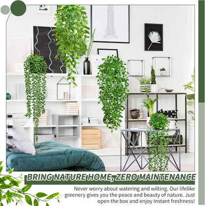 4 Pack Faux Artificial Hanging Plants, UV Resistant Fake Potted Greenery with Eucalyptus Vine, Mandala, Pea Pod Leaves & String of Pearls in Pots for Living Room Bathroom Indoor Outdoor Décor