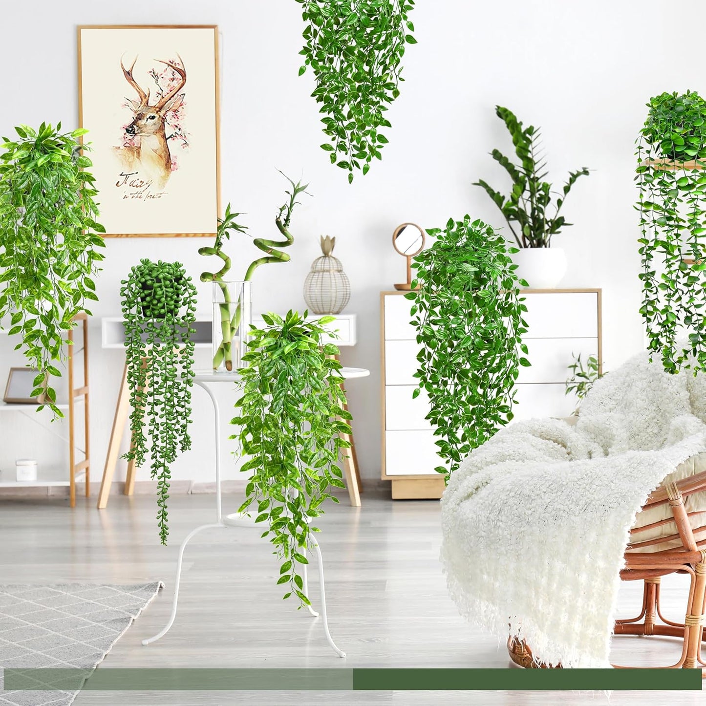 4 Pack Faux Artificial Hanging Plants, UV Resistant Fake Potted Greenery with Eucalyptus Vine, Mandala, Pea Pod Leaves & String of Pearls in Pots for Living Room Bathroom Indoor Outdoor Décor
