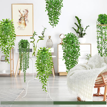4 Pack Faux Artificial Hanging Plants, UV Resistant Fake Potted Greenery with Eucalyptus Vine, Mandala, Pea Pod Leaves & String of Pearls in Pots for Living Room Bathroom Indoor Outdoor Décor