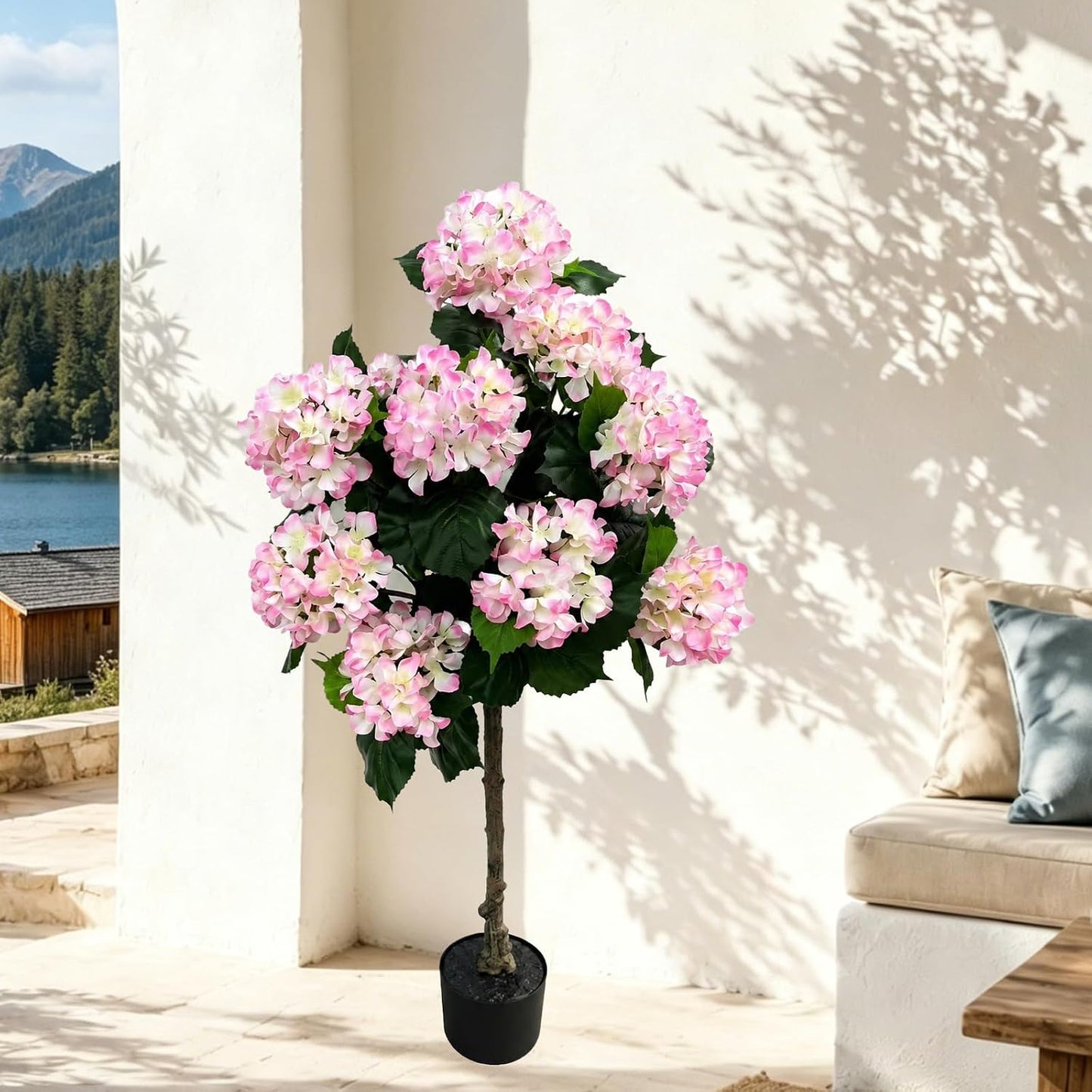 Potted Artificial Hydrangea Tree Outdoor Indoor,3.7FT Tall Hydrangea Faux Flowers Tree Hydrangeas Bushes Topiary Plant Realistic in Pot with Natural Wood Trunk for Garden Room Porch Front Door