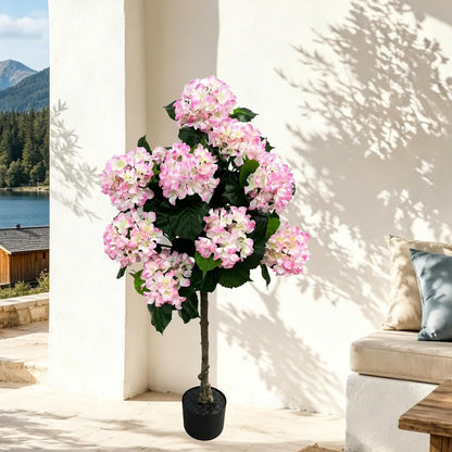 Potted Artificial Hydrangea Tree Outdoor Indoor,3.7FT Tall Hydrangea Faux Flowers Tree Hydrangeas Bushes Topiary Plant Realistic in Pot with Natural Wood Trunk for Garden Room Porch Front Door