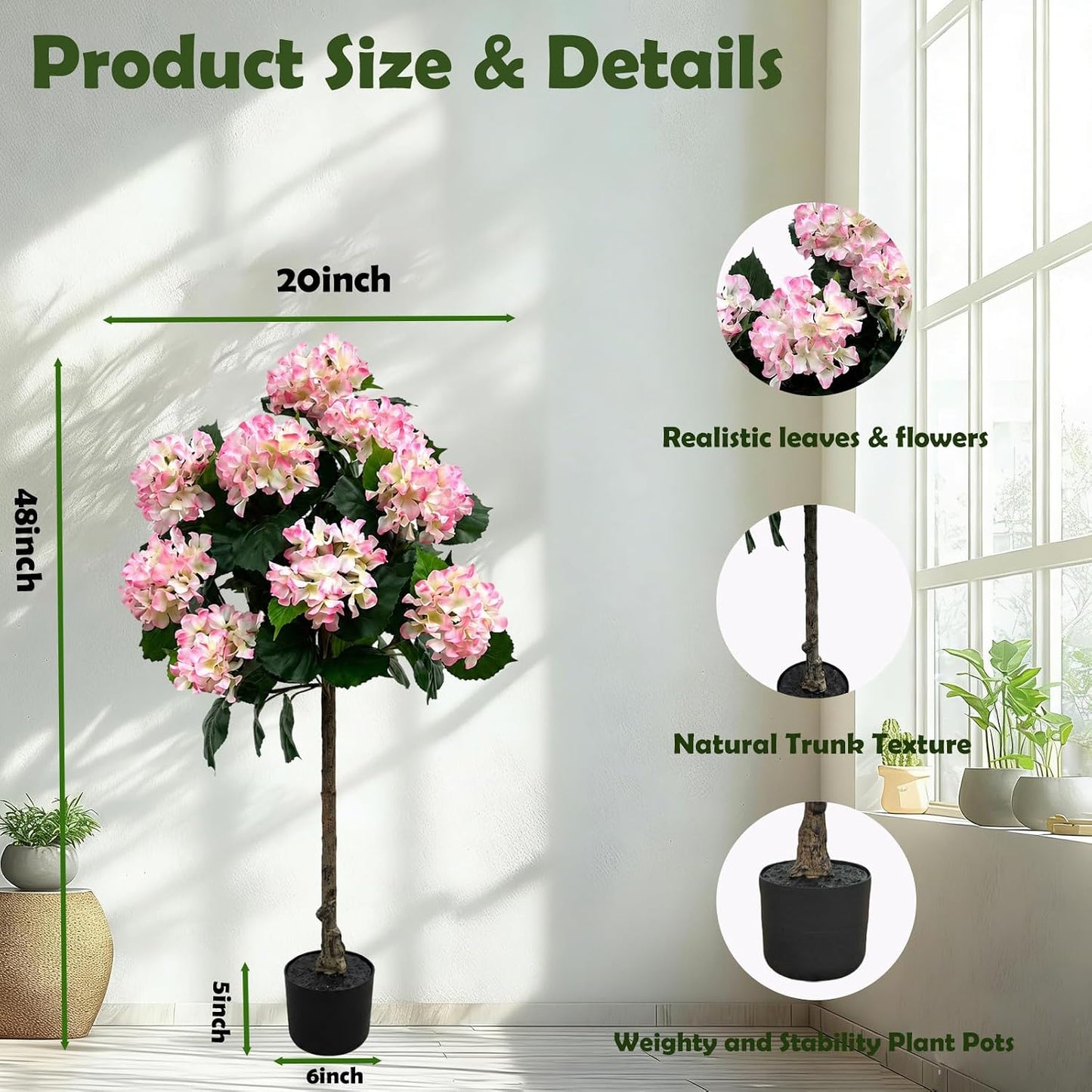 Potted Artificial Hydrangea Tree Outdoor Indoor,3.7FT Tall Hydrangea Faux Flowers Tree Hydrangeas Bushes Topiary Plant Realistic in Pot with Natural Wood Trunk for Garden Room Porch Front Door